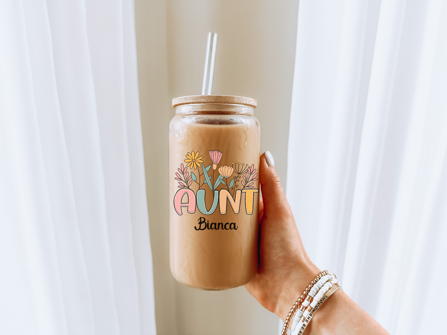 Personal Glass Cup Wildflower Aunt Sipper with Custom Name Cool Auntie Gift for Birthday Appreciation or New Aunt from Niece or Nephew