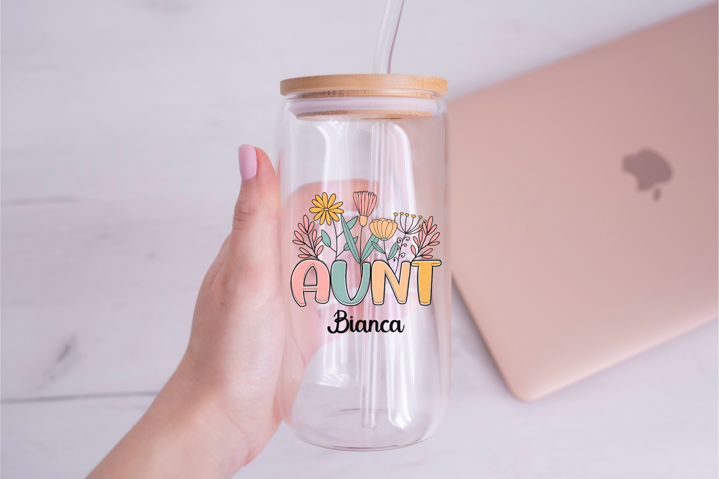 Personal Glass Cup Wildflower Aunt Sipper with Custom Name Cool Auntie Gift for Birthday Appreciation or New Aunt from Niece or Nephew