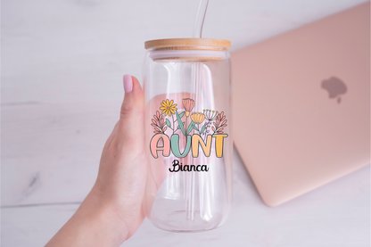 Personal Glass Cup Wildflower Aunt Sipper with Custom Name Cool Auntie Gift for Birthday Appreciation or New Aunt from Niece or Nephew
