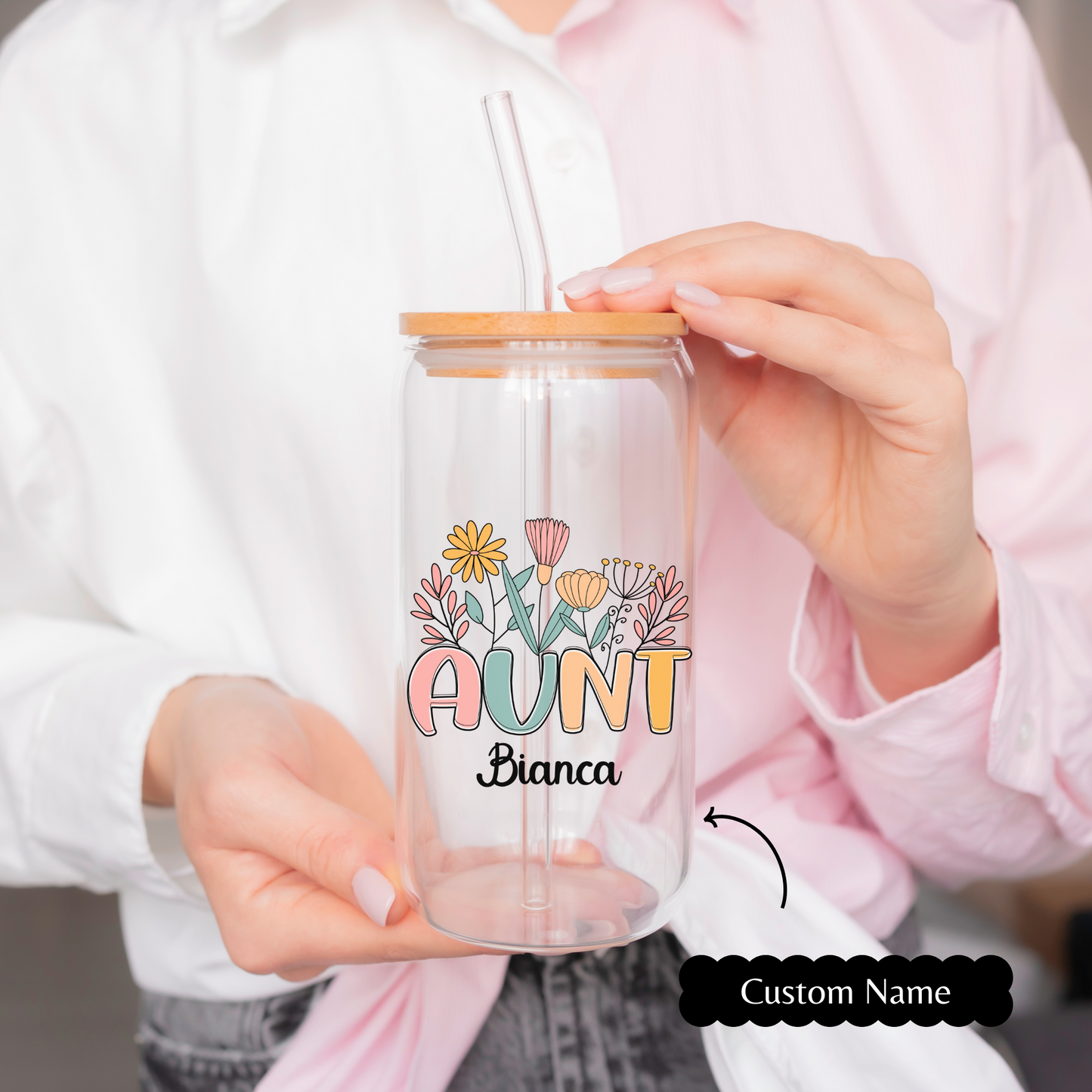 Personal Glass Cup Wildflower Aunt Sipper with Custom Name Cool Auntie Gift for Birthday Appreciation or New Aunt from Niece or Nephew