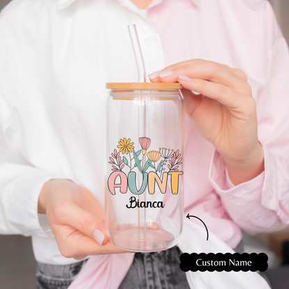 Personal Glass Cup Wildflower Aunt Sipper with Custom Name Cool Auntie Gift for Birthday Appreciation or New Aunt from Niece or Nephew