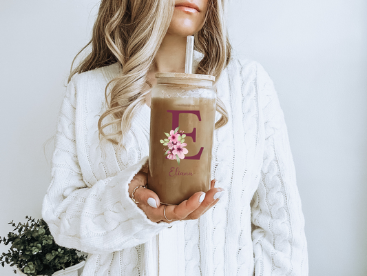 Personal Glass Cup with Floral Initial and Custom Name Iced Coffee Sipper Unique Birthday Gift for Mom Aunt Friend or Coworker Personzalized