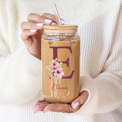 Personal Glass Cup with Floral Initial and Custom Name Iced Coffee Sipper Unique Birthday Gift for Mom Aunt Friend or Coworker Personzalized