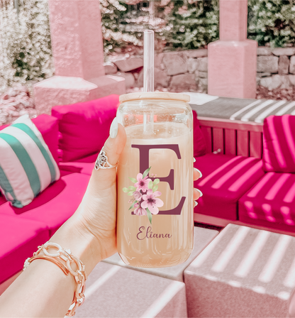 Personal Glass Cup with Floral Initial and Custom Name Iced Coffee Sipper Unique Birthday Gift for Mom Aunt Friend or Coworker Personzalized