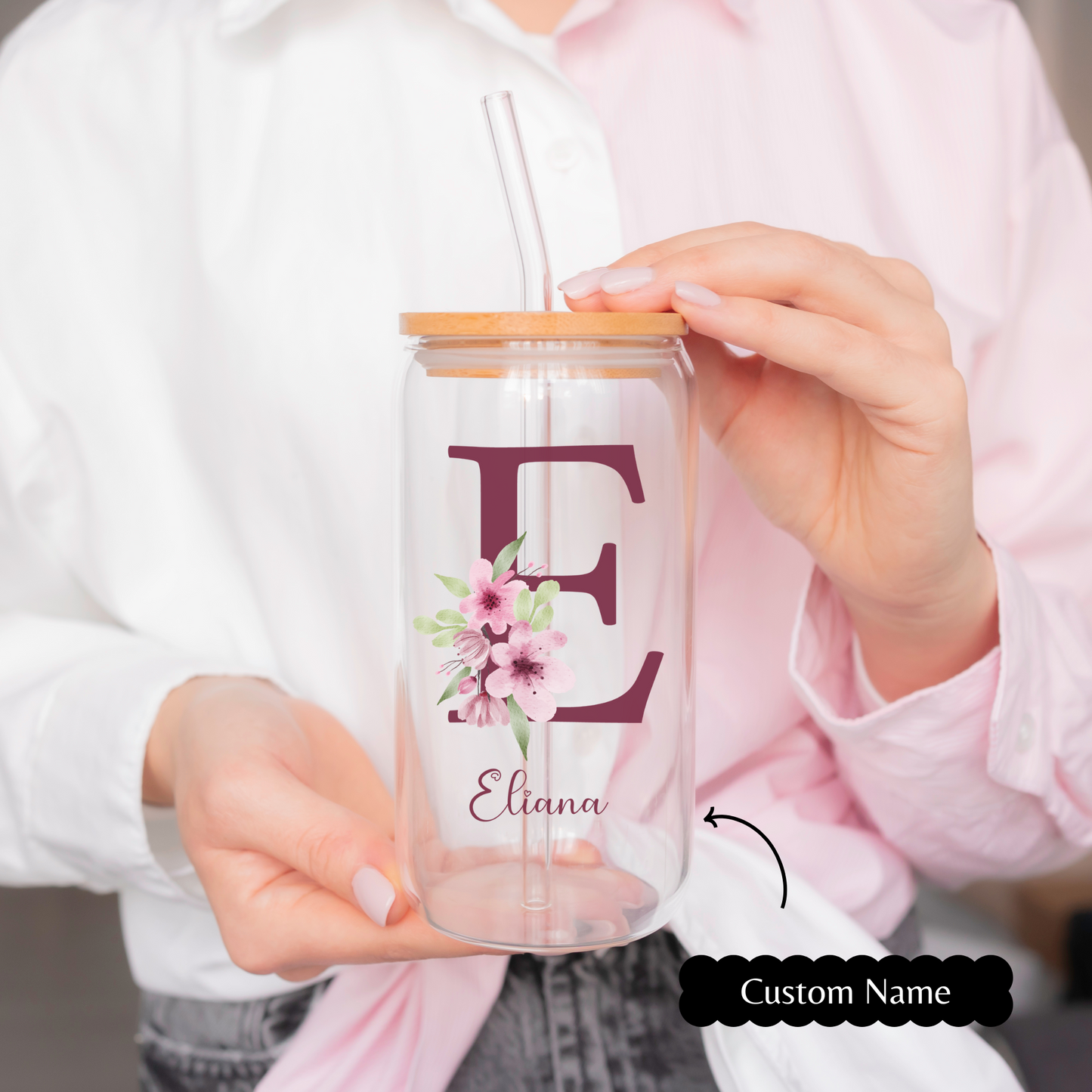 Personal Glass Cup with Floral Initial and Custom Name Iced Coffee Sipper Unique Birthday Gift for Mom Aunt Friend or Coworker Personzalized