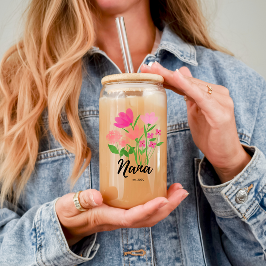 Custom Nana Glass Cup Floral Sipper with Kids Names Personalized Iced Coffee Glass Can Perfect Gift for Nana Mother's Day or Birthday