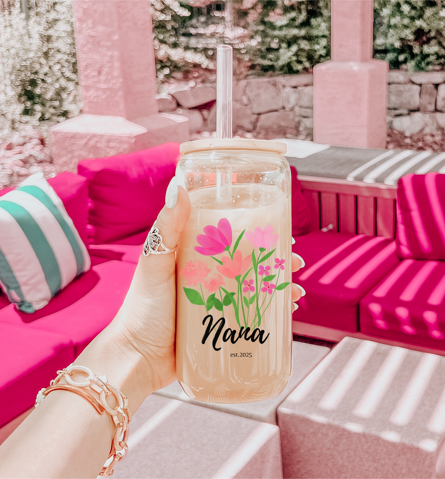 Custom Nana Glass Cup Floral Sipper with Kids Names Personalized Iced Coffee Glass Can Perfect Gift for Nana Mother's Day or Birthday