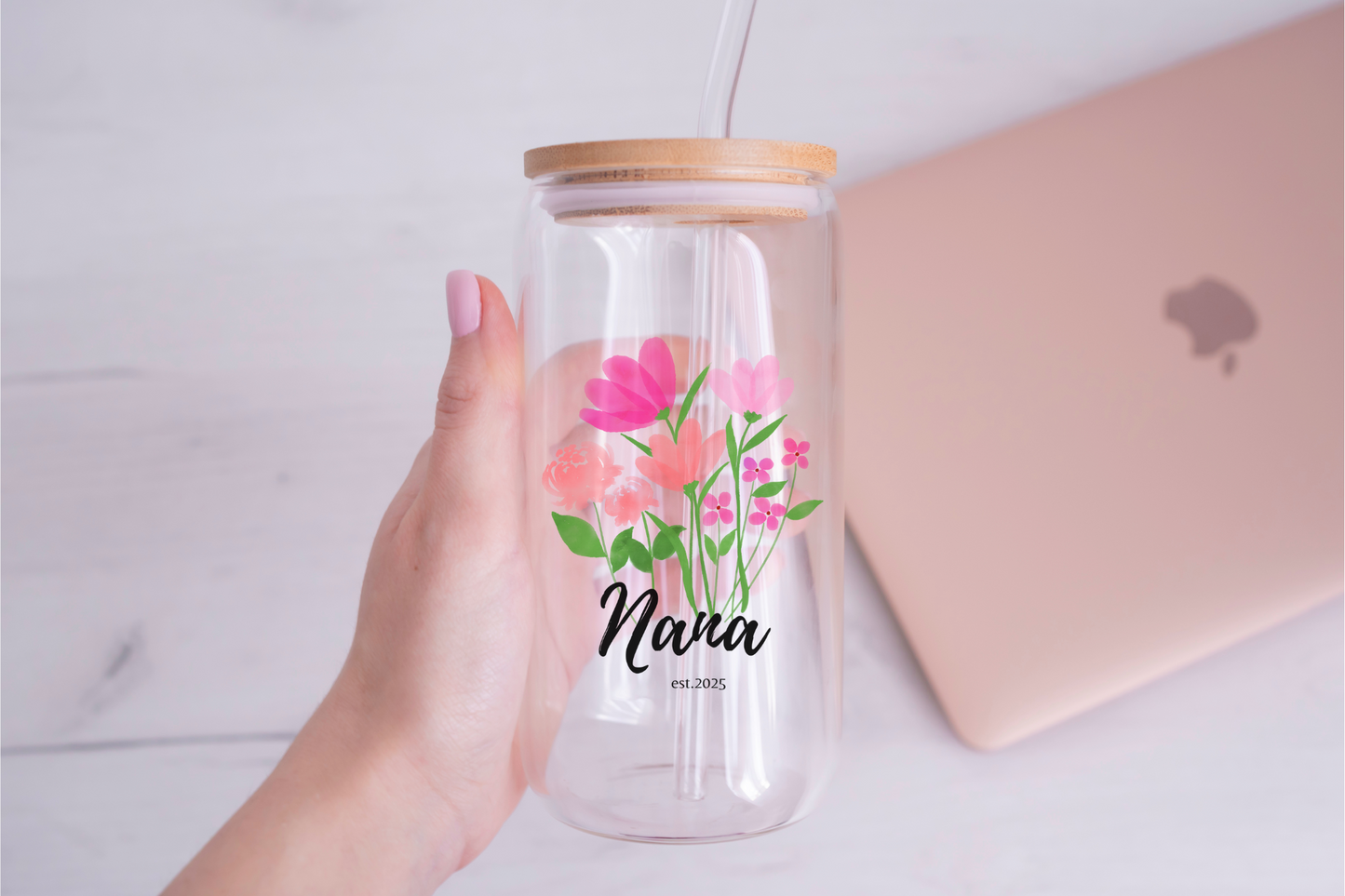Custom Nana Glass Cup Floral Sipper with Kids Names Personalized Iced Coffee Glass Can Perfect Gift for Nana Mother's Day or Birthday
