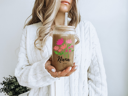 Custom Nana Glass Cup Floral Sipper with Kids Names Personalized Iced Coffee Glass Can Perfect Gift for Nana Mother's Day or Birthday