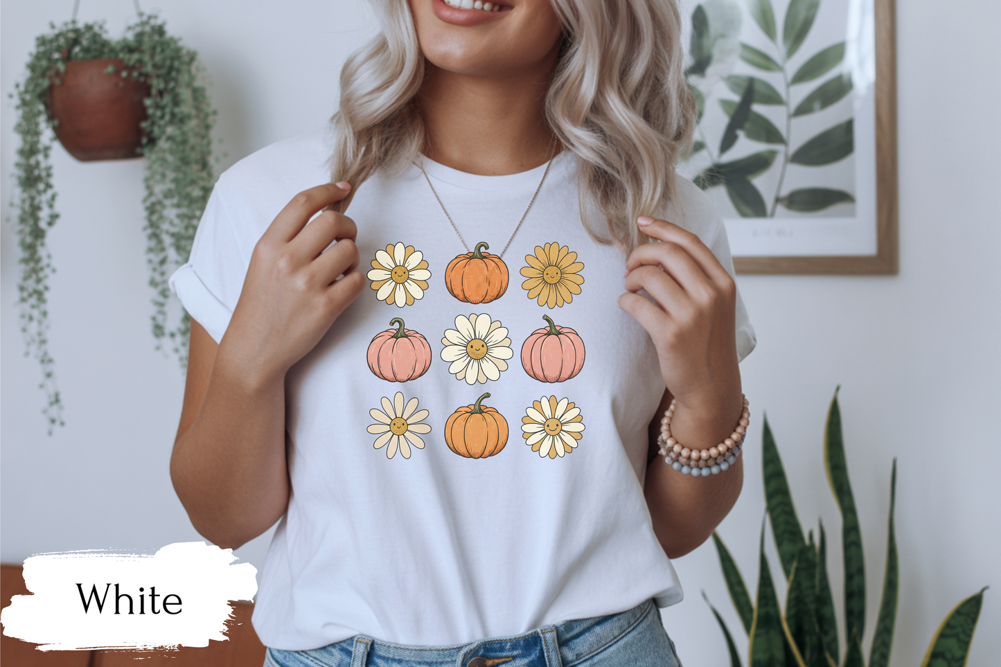 Pumpkins & Flowers Stamp Shirt | Cute Fall Halloween Shirt for Women & Adults