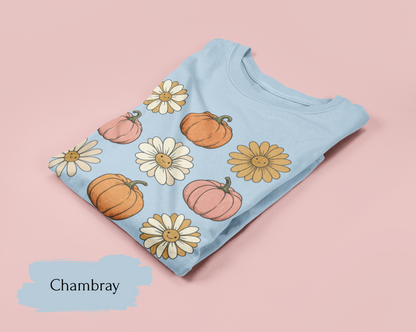 Pumpkins & Flowers Stamp Shirt | Cute Fall Halloween Shirt for Women & Adults