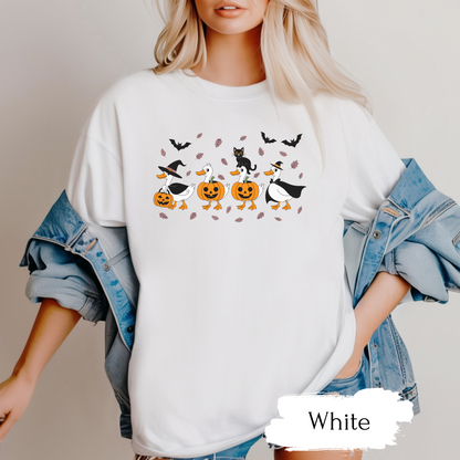 Halloween Ghost Cat and Ducks Shirt | Cute Spooky Season Cat T-Shirt for Women & Adults
