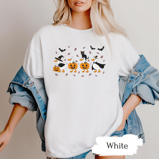 Halloween Ghost Cat and Ducks Shirt | Cute Spooky Season Cat T-Shirt for Women & Adults