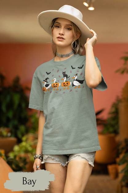 Halloween Ghost Cat and Ducks Shirt | Cute Spooky Season Cat T-Shirt for Women & Adults