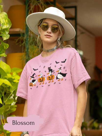 Halloween Ghost Cat and Ducks Shirt | Cute Spooky Season Cat T-Shirt for Women & Adults