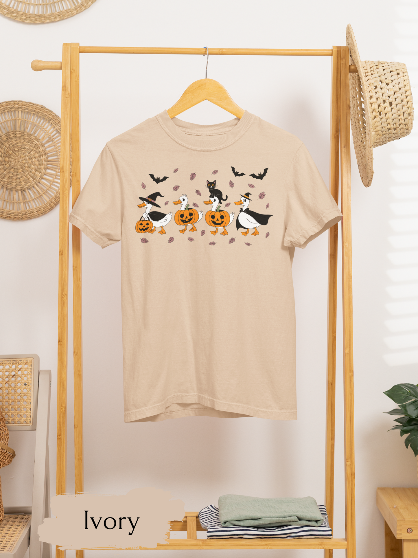 Halloween Ghost Cat and Ducks Shirt | Cute Spooky Season Cat T-Shirt for Women & Adults