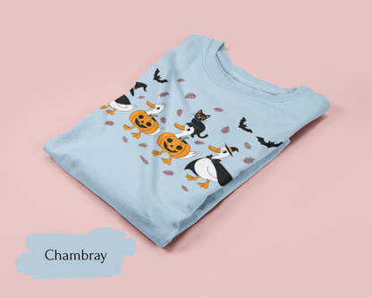 Halloween Ghost Cat and Ducks Shirt | Cute Spooky Season Cat T-Shirt for Women & Adults