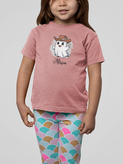 Cowboy Owl Toddler Tee, Fun Ghost Shirt, Kid's Halloween Outfit with Name