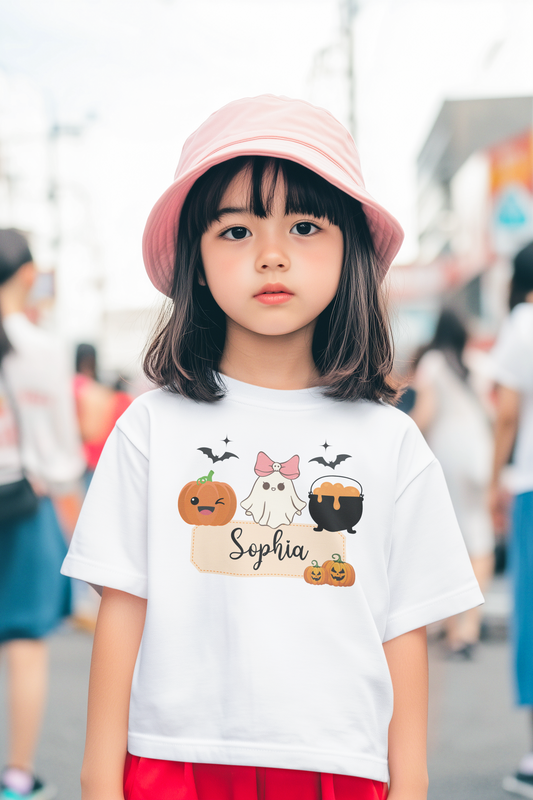 Personalized Halloween Toddler Tee, Ghost and Pumpkin Design for Kids, Cute Halloween Shirt