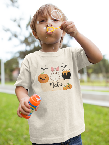 Personalized Halloween Toddler Tee, Ghost and Pumpkin Design for Kids, Cute Halloween Shirt