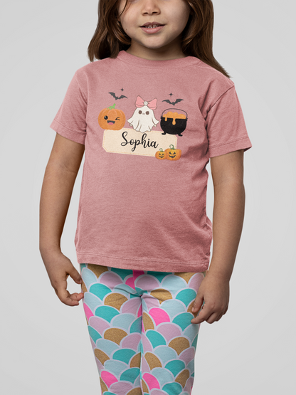 Personalized Halloween Toddler Tee, Ghost and Pumpkin Design for Kids, Cute Halloween Shirt