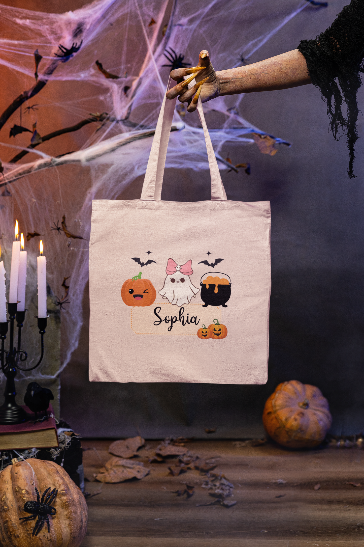 Personalized Halloween Cotton Canvas Tote Bag | Trick or Treat Bag, Cute Ghost Design, Kids Gift, Eco-Friendly Shopping Bag, Custom Name