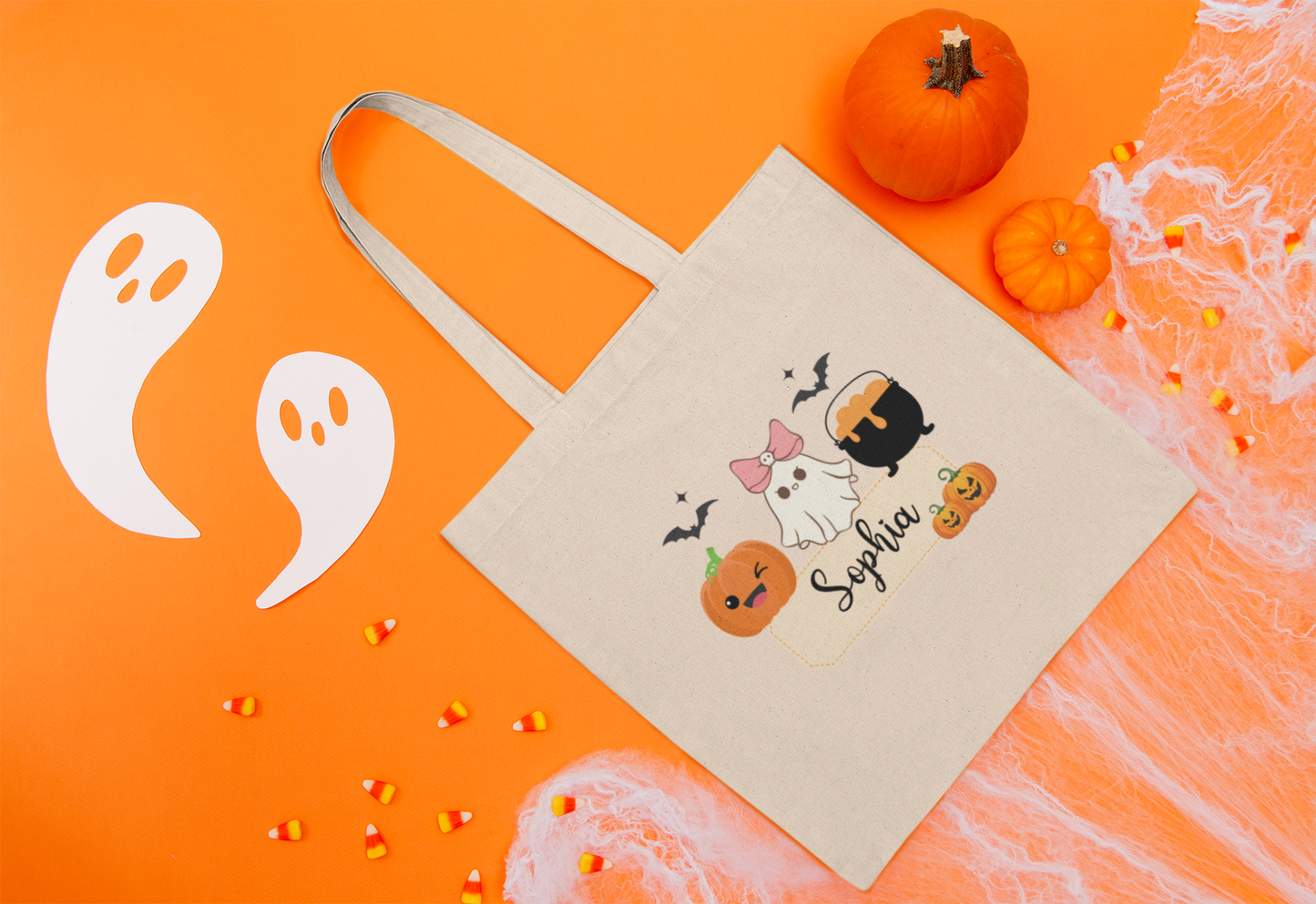 Personalized Halloween Cotton Canvas Tote Bag | Trick or Treat Bag, Cute Ghost Design, Kids Gift, Eco-Friendly Shopping Bag, Custom Name