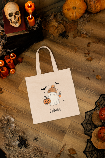 Personalized Halloween Ghost Cotton Canvas Tote Bag, Eco-Friendly Shopping Bag, Spooky Season Gift, Customizable Trick or Treat Bag, [...]