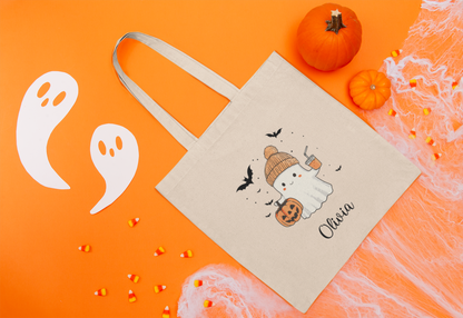 Personalized Halloween Ghost Cotton Canvas Tote Bag, Eco-Friendly Shopping Bag, Spooky Season Gift, Customizable Trick or Treat Bag, [...]