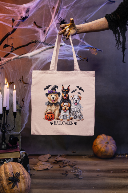 Halloween Dog Design Cotton Canvas Tote Bag, Eco-Friendly Shopping Bag, Gift for Dog Lovers, Halloween Treat Bag, Reusable Dog Tote