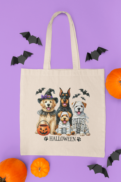 Halloween Dog Design Cotton Canvas Tote Bag, Eco-Friendly Shopping Bag, Gift for Dog Lovers, Halloween Treat Bag, Reusable Dog Tote