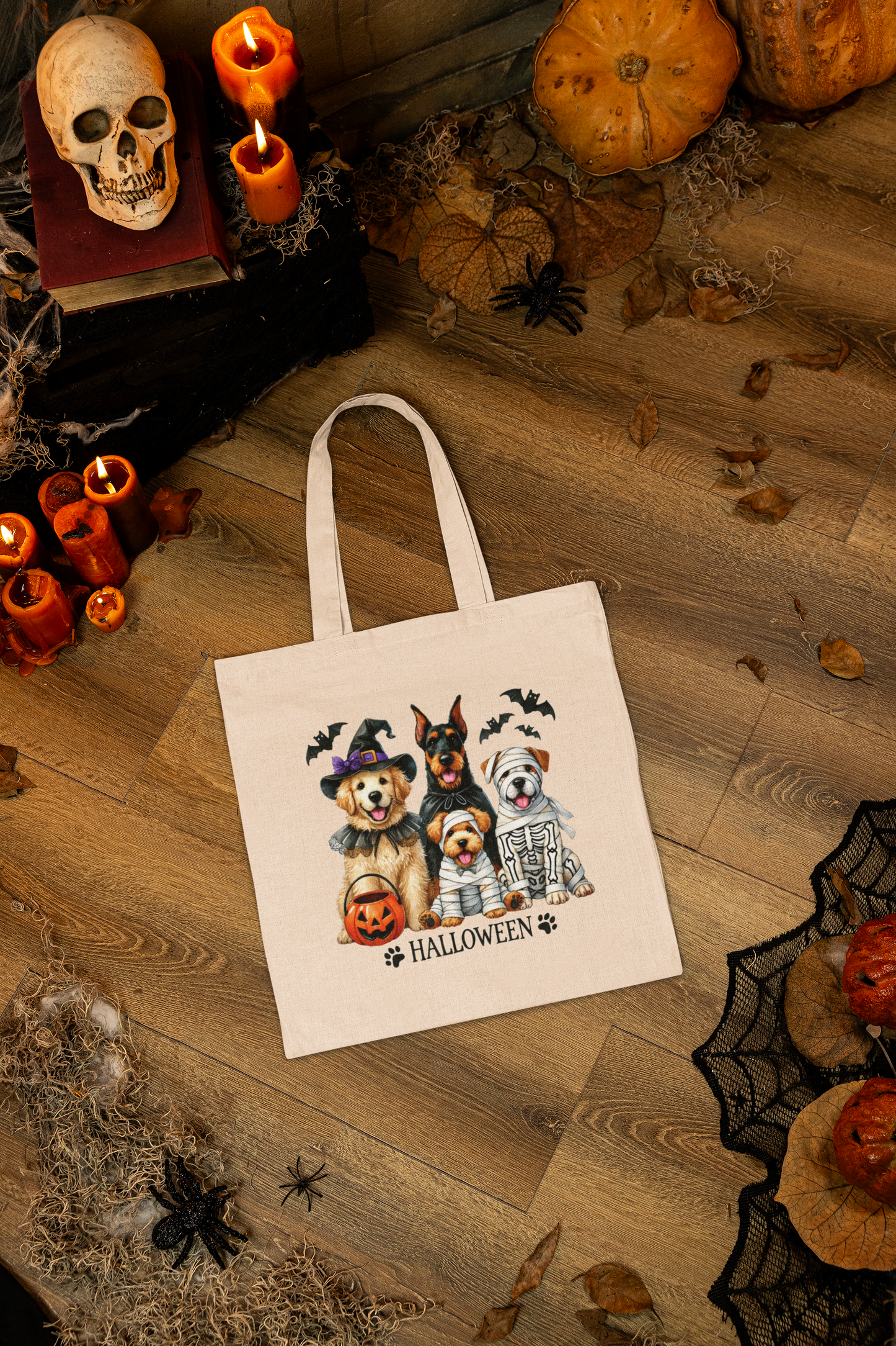 Halloween Dog Design Cotton Canvas Tote Bag, Eco-Friendly Shopping Bag, Gift for Dog Lovers, Halloween Treat Bag, Reusable Dog Tote