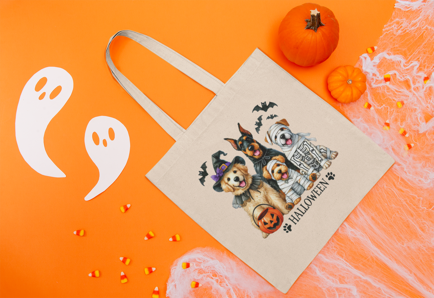 Halloween Dog Design Cotton Canvas Tote Bag, Eco-Friendly Shopping Bag, Gift for Dog Lovers, Halloween Treat Bag, Reusable Dog Tote