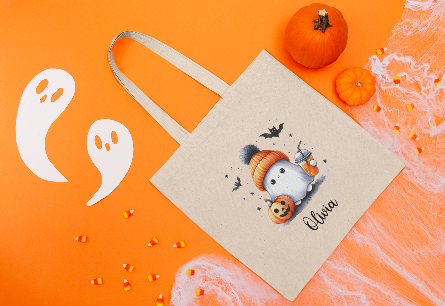 Cute Halloween Ghost Tote Bag, Personalized Reusable Shopping Bag, Autumn Gift, Eco-Friendly Tote, Trick or Treat Bag
