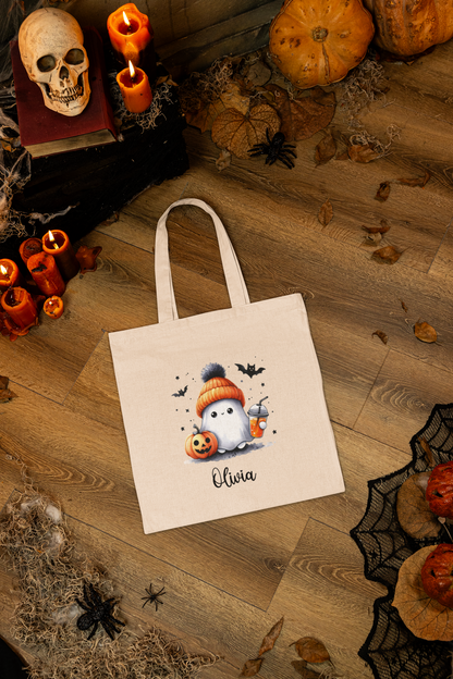 Cute Halloween Ghost Tote Bag, Personalized Reusable Shopping Bag, Autumn Gift, Eco-Friendly Tote, Trick or Treat Bag
