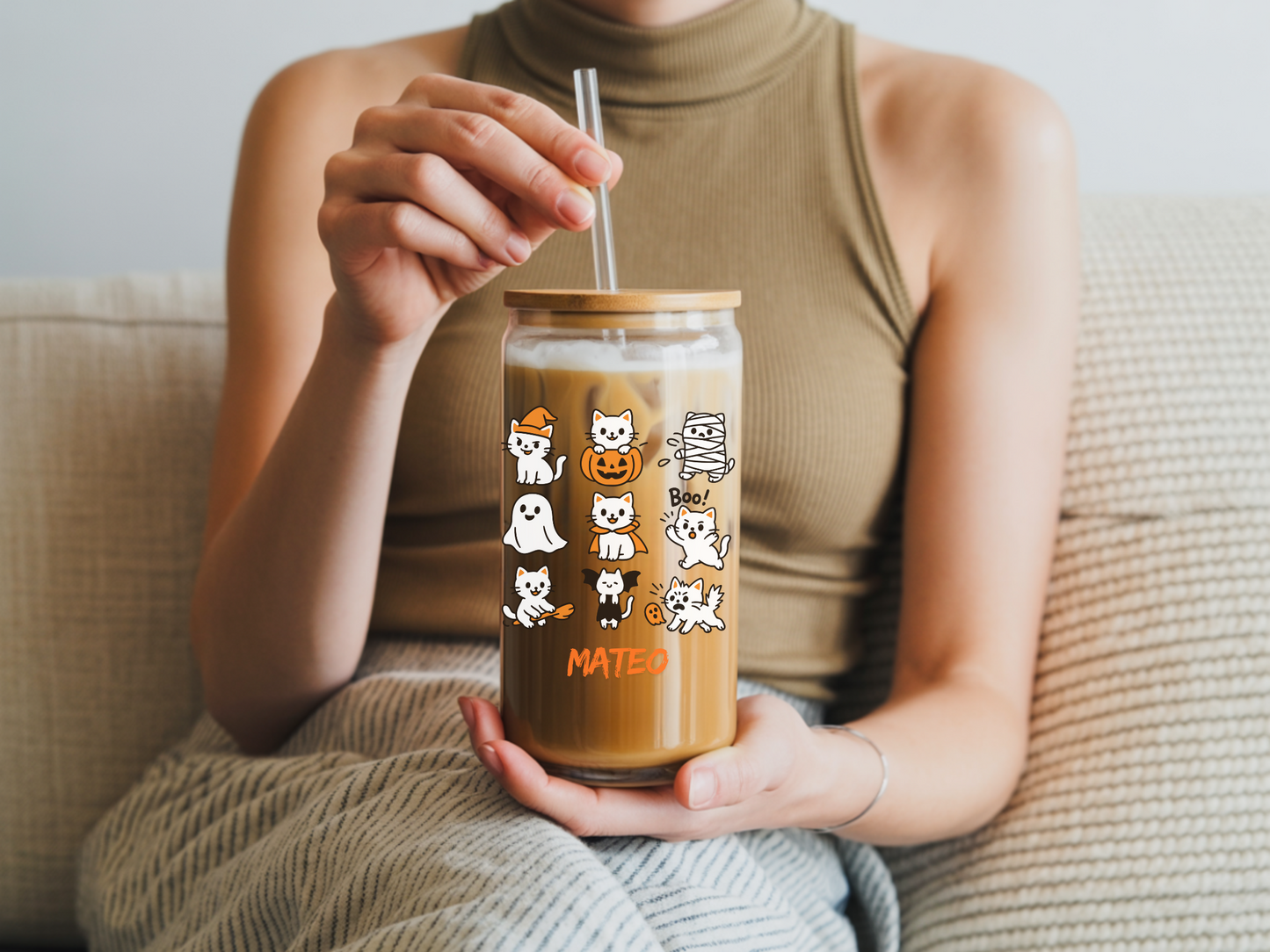 Custom Halloween Sipper Glass with Stamped Cats – Personalized Cat Lover Glass with Name