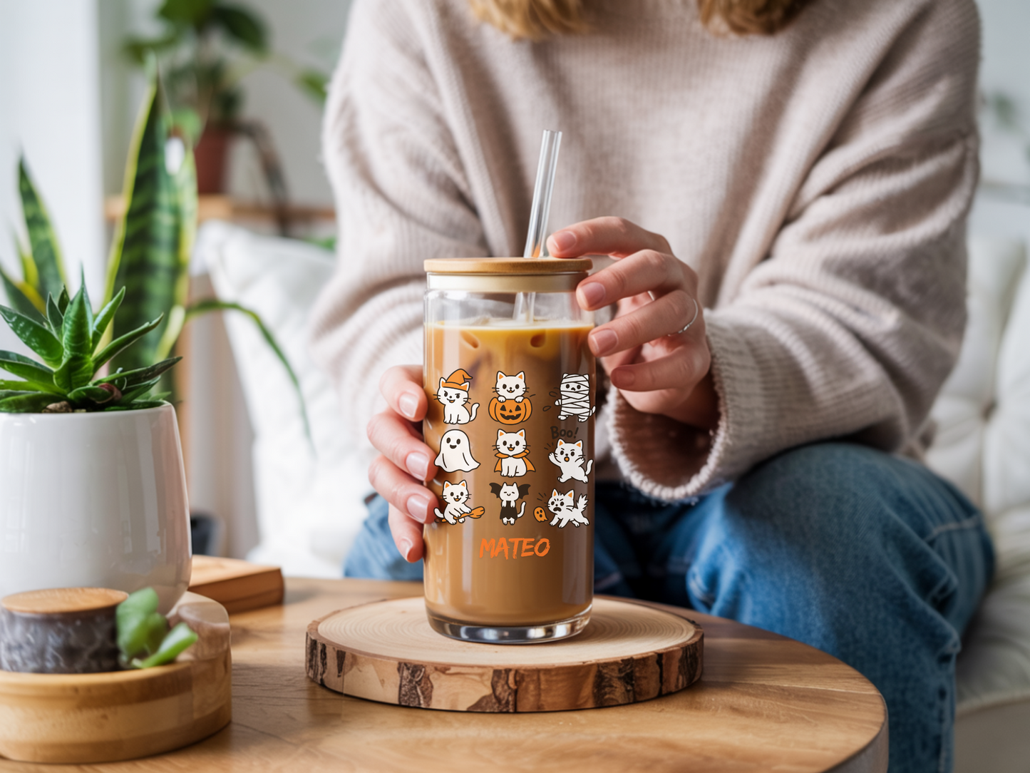 Custom Halloween Sipper Glass with Stamped Cats – Personalized Cat Lover Glass with Name