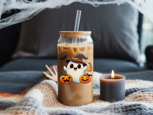 Halloween Ghost Sipper Glass - 16oz Cute Design, Trick-or-Treat Drinkware, Spooky Party Decor, Fall Festive Vibe, Gift for Kids