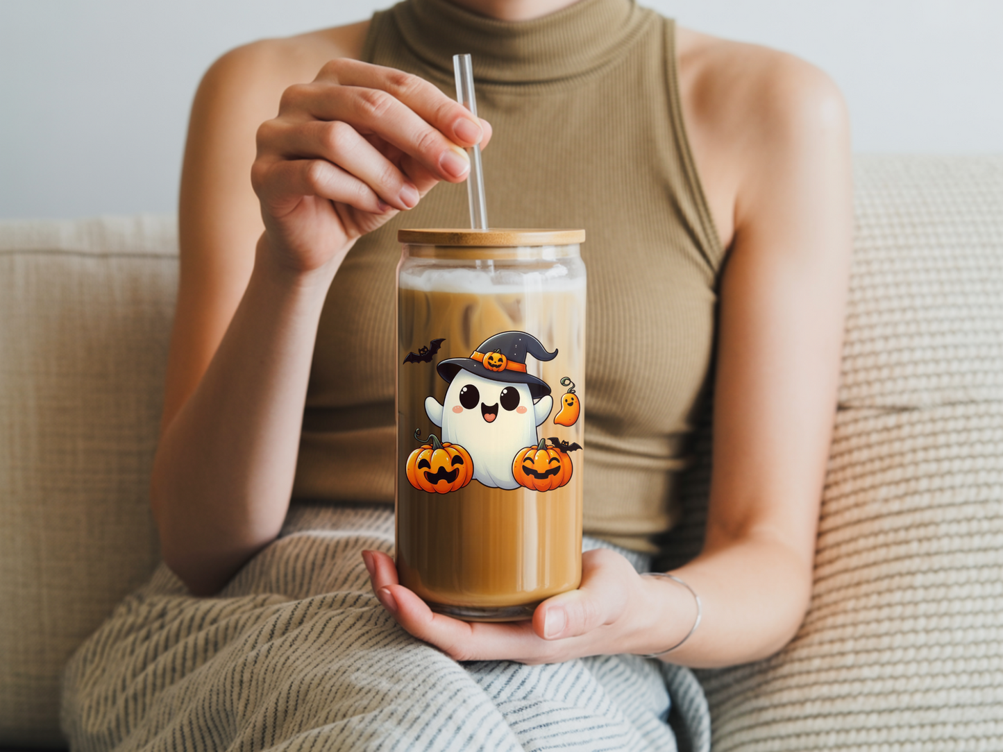 Halloween Ghost Sipper Glass - 16oz Cute Design, Trick-or-Treat Drinkware, Spooky Party Decor, Fall Festive Vibe, Gift for Kids