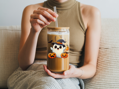 Halloween Ghost Sipper Glass - 16oz Cute Design, Trick-or-Treat Drinkware, Spooky Party Decor, Fall Festive Vibe, Gift for Kids