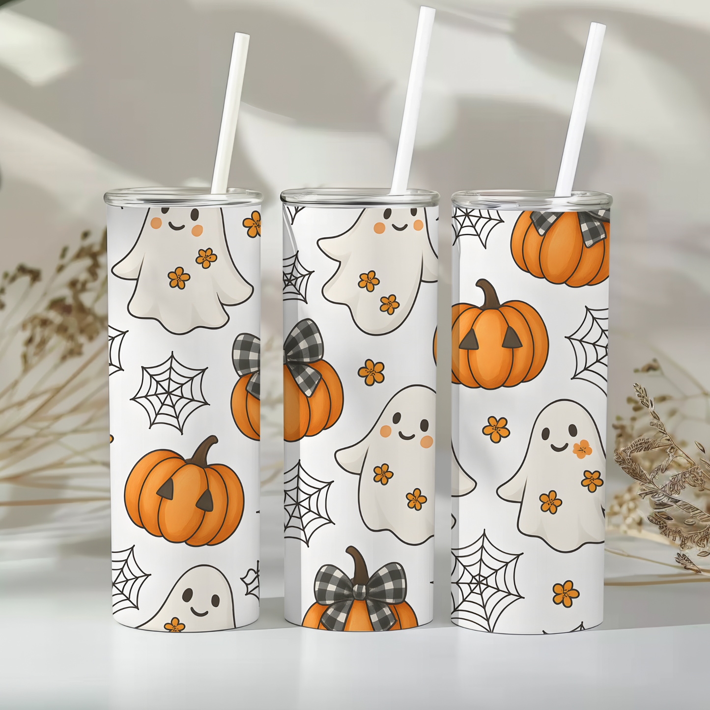 Spooky Halloween Tumbler, 20 oz Stainless Steel, Ghosts and Pumpkins Travel Mug, Fall Drinkware, Perfect for Halloween Parties