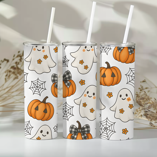 Spooky Halloween Tumbler, 20 oz Stainless Steel, Ghosts and Pumpkins Travel Mug, Fall Drinkware, Perfect for Halloween Parties