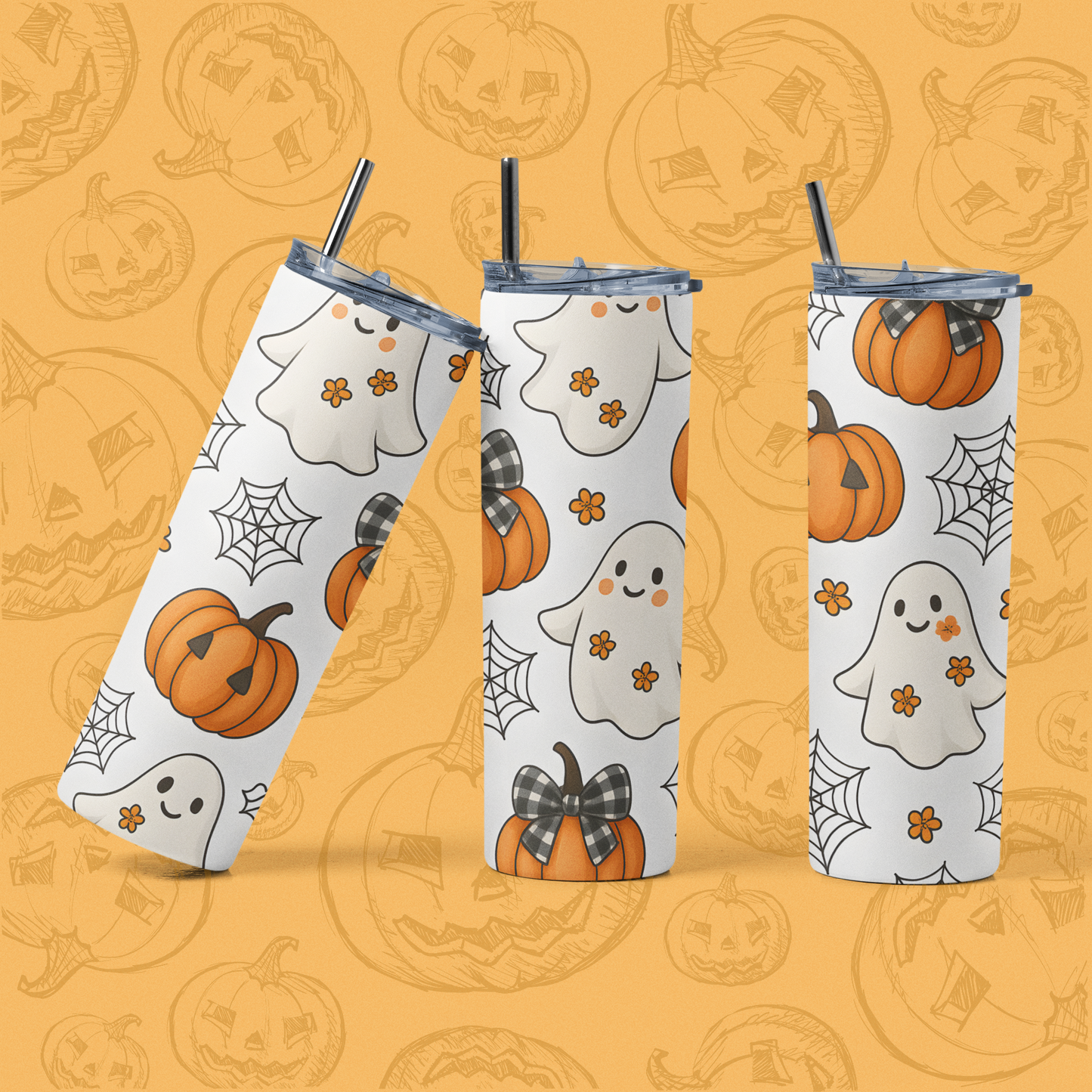 Spooky Halloween Tumbler, 20 oz Stainless Steel, Ghosts and Pumpkins Travel Mug, Fall Drinkware, Perfect for Halloween Parties