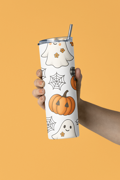 Spooky Halloween Tumbler, 20 oz Stainless Steel, Ghosts and Pumpkins Travel Mug, Fall Drinkware, Perfect for Halloween Parties
