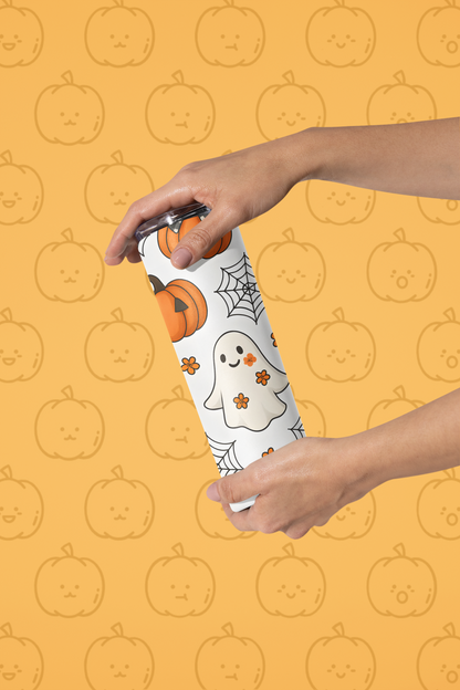 Spooky Halloween Tumbler, 20 oz Stainless Steel, Ghosts and Pumpkins Travel Mug, Fall Drinkware, Perfect for Halloween Parties