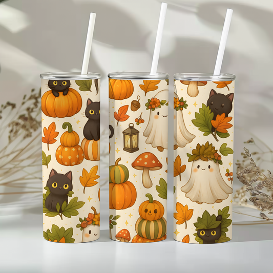 Seasonal Autumn Stainless Steel Tumbler, 20oz | Fall Decor Drinkware, Halloween Mug, Pumpkin Thermal Cup, Cat Lovers gift, Cozy Fall Vibes