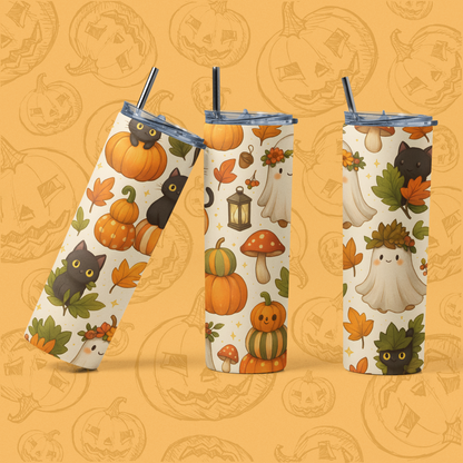 Seasonal Autumn Stainless Steel Tumbler, 20oz | Fall Decor Drinkware, Halloween Mug, Pumpkin Thermal Cup, Cat Lovers gift, Cozy Fall Vibes