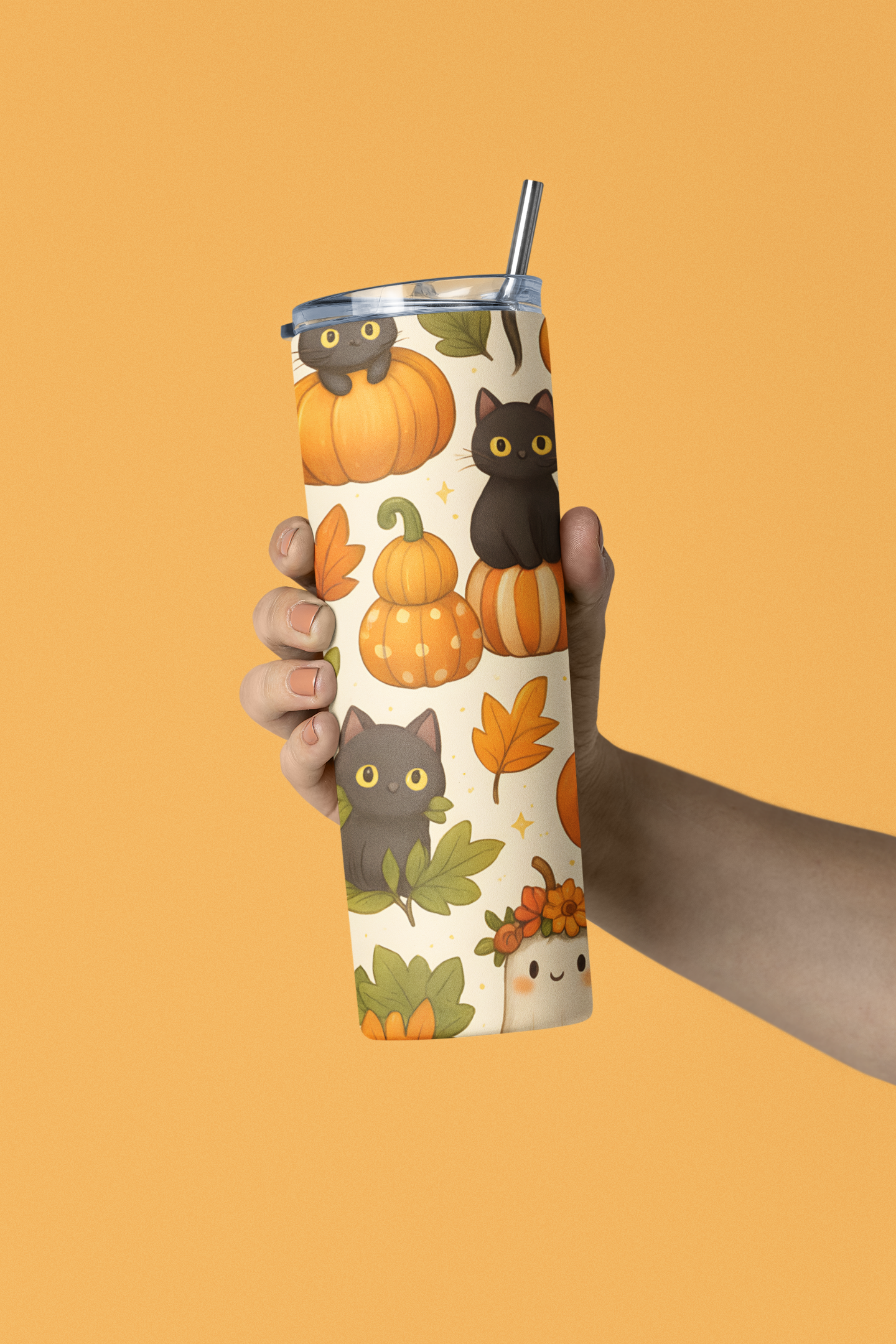 Seasonal Autumn Stainless Steel Tumbler, 20oz | Fall Decor Drinkware, Halloween Mug, Pumpkin Thermal Cup, Cat Lovers gift, Cozy Fall Vibes