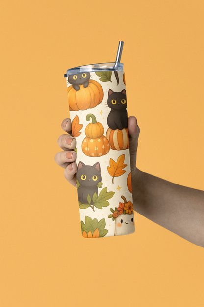 Seasonal Autumn Stainless Steel Tumbler, 20oz | Fall Decor Drinkware, Halloween Mug, Pumpkin Thermal Cup, Cat Lovers gift, Cozy Fall Vibes