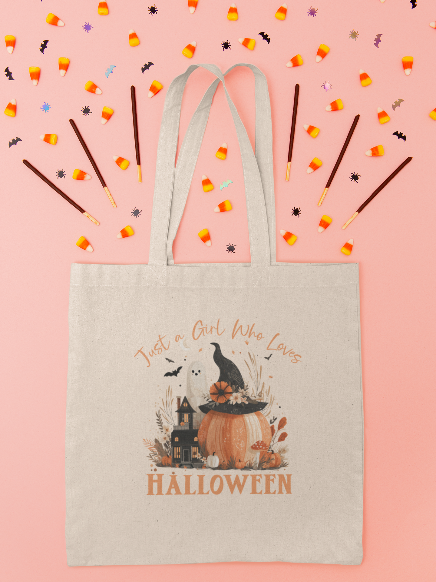 Halloween-Themed Cotton Canvas Tote Bag, Pumpkin Design